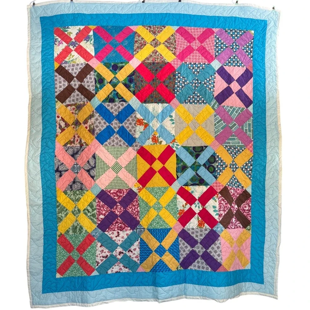 Handmade Patchwork X-Block Quilt Multicolor Heart Stitched